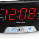 Westclox Large 1.4 Red LED Digital FM Clock Radio with Dual USB A & C Charging Ports, Adjustable Brightness, Dual Alarms & Sleep Timer  Modern Alarm Clock for Bedroom, Home, or Office (Black)