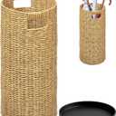 Rattan Umbrella Holder 20.8" H X 10" D,Handmade Wicker Umbrella Stand Indoor with Dip Tray,Sturdy Umbrella Holders for Entryway,Umbrella Bucket Fits Mudroom,Walking Canes,Home,Office (Oak)