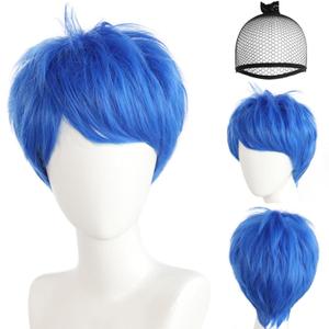 JoneTing Short Blue Wig+Hair Cap Women Blue Layered Wig with Bangs for Men Blue Layered Hair with Bangs Short Blued Cosplay Wigs Halloween Themed Party