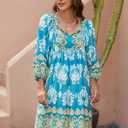 Qearal Women's Casual V Neck 3/4 Sleeve Boho Floral Printed Loose Short Flowy Summer Beach Vacation Dress (Blue, S)