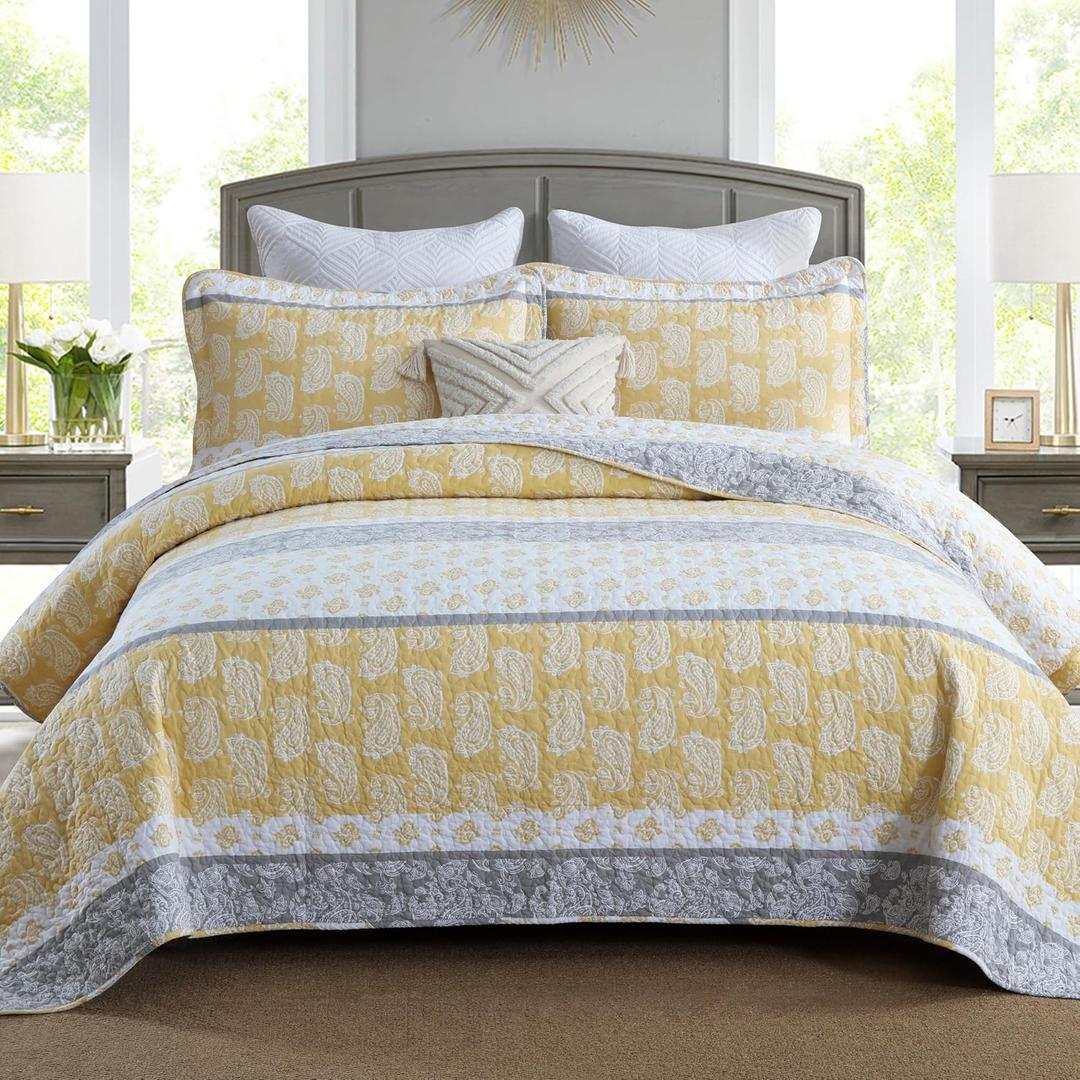 Quilt King Size, Cotton King Size Comforter Set,Paisley King Size Comforter Set Yellow Grey White Bedding, Farmhouse Striped Bed Set, Lightweight Bedspread All Seasons 3 Piece