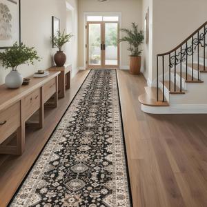 Washable Hallway Runner Rug 3x20: Non Slip Runner Rugs with Rubber Backing Soft Kitchen Rug Farmhouse Distressed Carpet Runner for Living Room Bedroom Bathroom (Black, 3X20)