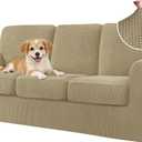 7 Piece Stretch Sofa Cover, 3 Seater Couch Slipcover with Three Separate Backrests and Cushions with Elastic Band, Checks Spandex Jacquard Fabric(Large,Sand)