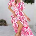 PRETTYGARDEN Women Summer Boho Maxi Dresses 2025 V Neck Puff Short Sleeve A-Line Flowy Tiered Floral Wedding Guest Dress (Pink, M)