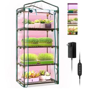 Indoor Greenhouse with Grow Lights, 4 Tier 27.2" L×19.9" W×61.8" H Mini Greenhouse with Zippered PVC Cover for Seed Starting Trays, Dimmable 2FT 60W Plant Light for Indoor Plants with Timer