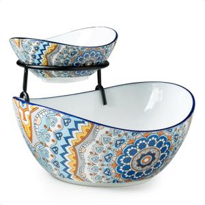 YHOSSEUN Chip and Dip Serving Set, 2 Tierd Serving Bowl Set Ceramic Chip and Dip Bowls with Stand, Serving Dishes for Entertaining Appetizer Serving Food Display Stand for Parties (Light-colored Boho)