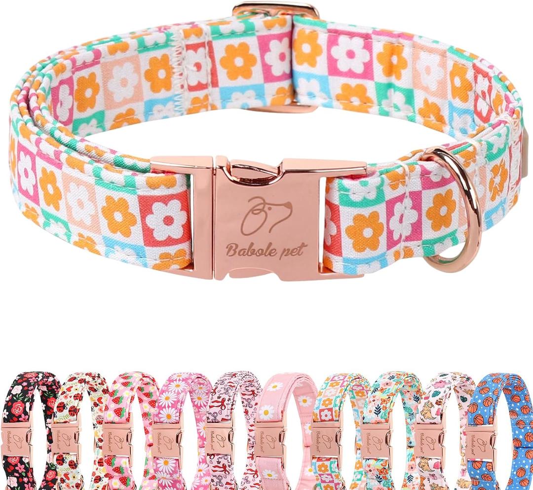 Spring Dog Collar, Pastel Checkered Flowers Pet Collar with Metal Buckle, Durable Adjustable Designer Dog Collars for Small Medium Large Dogs XL