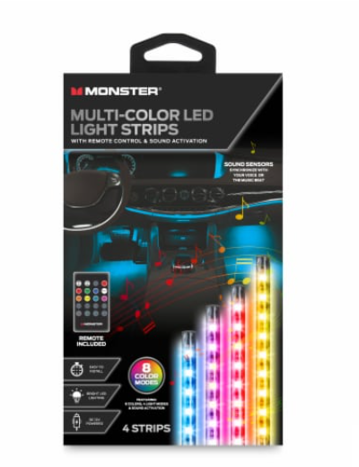 Monster 4pk LED USB Light Strips : Multi-Colored PVC & ABS, Automotive Novelty, Car LED Lights