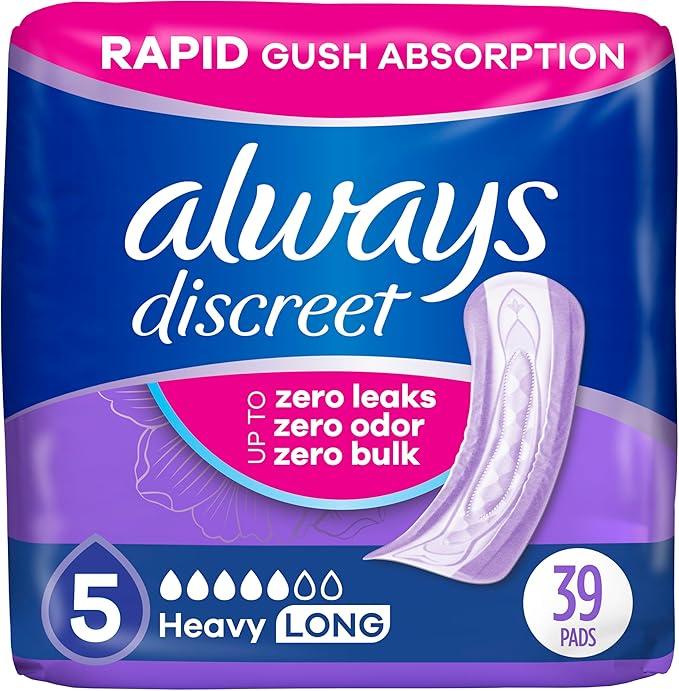 Always Discreet Adult Incontinence Pads for Women, Drier vs Poise, 5 Drop Long Length, Heavy Absorbency, Pads for Bladder Control Management, Bladder Leaks, & Postpartum Pads, 39ct