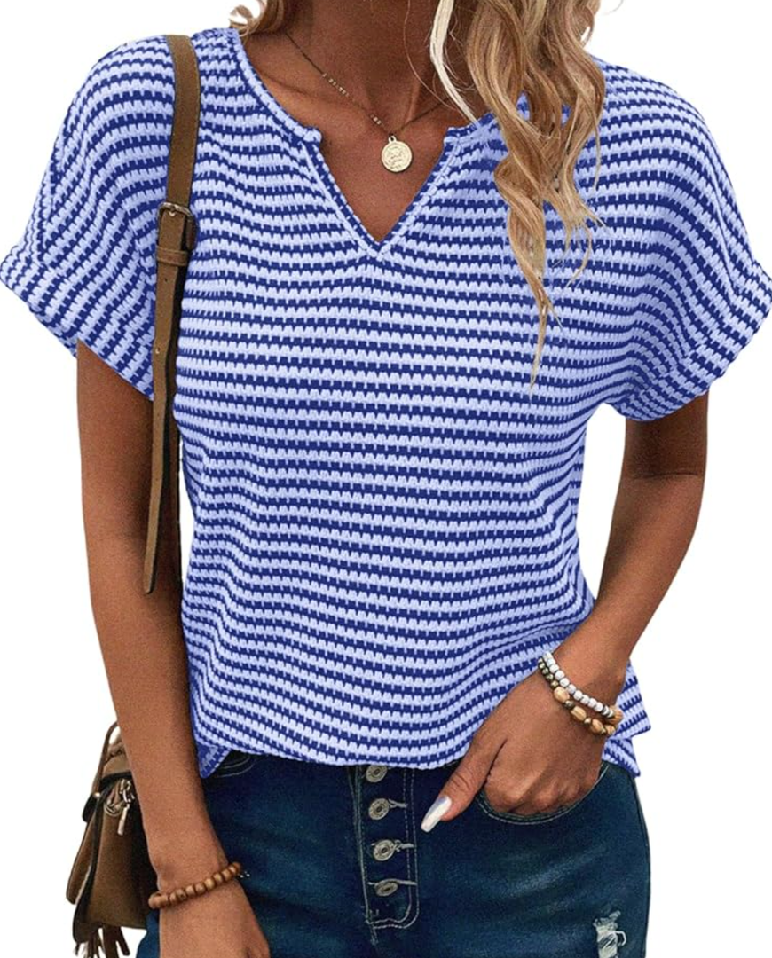 EVALESS Womens Dressy Casual Cap Short Sleeve Tops Trendy Summer V Neck Loose Striped Casual Basic T Shirts Tee Blouses