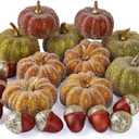 Glitter Mini Pumpkin Decor Indoor 22PCS Halloween Pumpkins for Fall Decorations for Home Fall Centerpieces for Tables Outdoor Harvest Thanksgiving Party/Acorns Autumn Fillers Decor (20 Pcs Green Yellow Orange Pinecones Set)