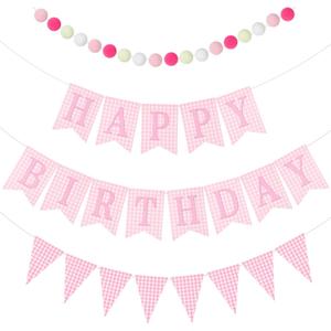 Set of 4 Pink Gingham Happy Birthday Banner Plaid Checkered Pennant Banner Decorations Felt Ball Happy 1st Birthday Garland for Gingham Party Supplies