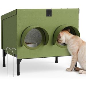 Outdoor Cat Feeding Station  Waterproof Dining Shelter for Feral & Community Cats, Insulated Roof & Walls, Dual-Feed Hole Design, Connects to Cat House  Green, 16"12"15.5"