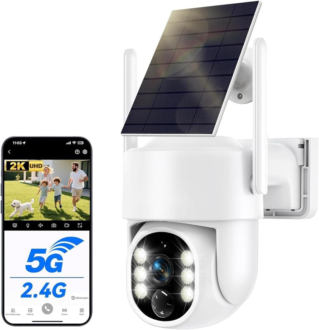 Camera Surveillance WiFi Exterieure sans Fil Solaire 2.5K 4MP avec 2.4G et 5GHz Wi-Fi, Batterie 8000mAh, Panneau Solaire 5W, 360° PTZ, IP66, Vision Nocturne Couleur, PIR Détection de Mouvement
