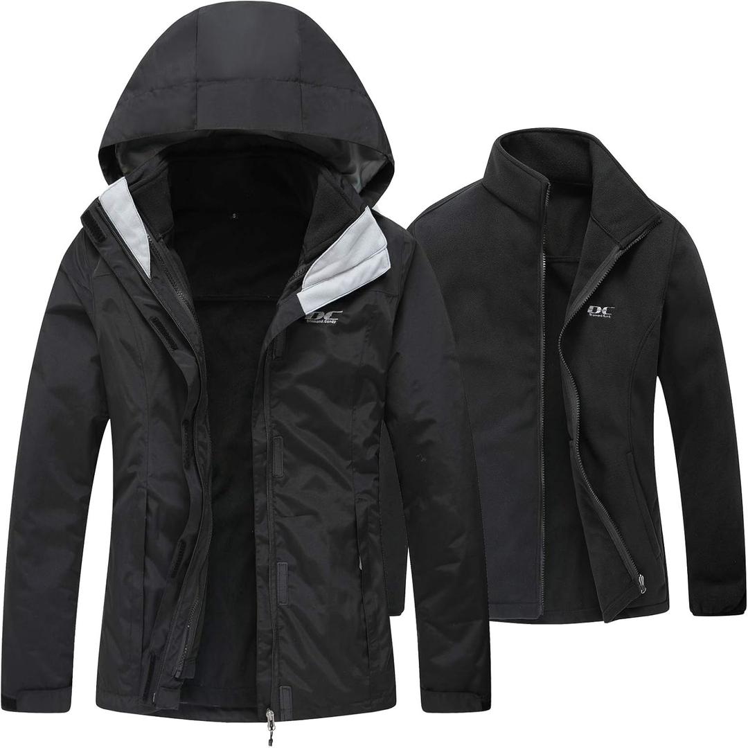 Diamond Candy Womens 3-in-1 Winter Jacket Waterproof Rain Coat with Hood Warm Fleece Ski Jackets (XX-Large, Black)