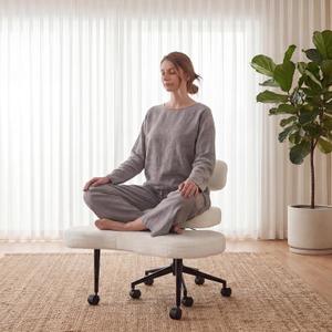 DUMOS Ergonomic ADHD Cross Legged Office Desk Chair with Adjustable Backrest, Height Adjustable Meditation Chair with 360 Swivel Footstool, Teddy Fabric Yoga Stool for Home Office, White