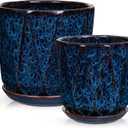 Oairse Ceramic Pots for Plants, 8+6 inch Plant Pots with Drainages Holes & Saucers Large Blue Ceramic Planters Decorative Flower Pot for Indoor Plants Outdoor Inoor