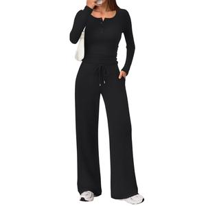 Trendy Queen Women's 2 Piece Matching Lounge Sets Fall Fashion Outfits Henley Neck Sweater Top Wide Leg Pants Sweat Suits M