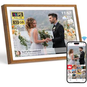 Frameo 10.1" Digital Picture Frame with 32GB Memory WiFi Electronic Photo Frame Wood HD Touch Screen AutoRotate Slideshow Wall Mountable Share Photos/Video Remotely Anywhere(Warm Wood)