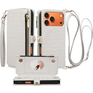 Crossbody Wallet Case for iPhone 17 Pro Max with Mirror, Wrist Strap, Zipper Purse Magnetic Flip, RFID Blocking Card Holder, Wireless Charging, PU Leather Shockproof 6.9" Women (White)