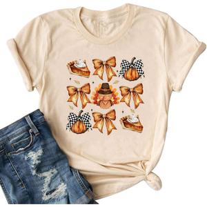 Thanksgiving Shirts for Women Thankful Pumpkin Bow Turkey Graphic T-Shirt Casual Autumn Fall Short Sleeve Tees Tops (S)