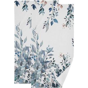 Blue Eucalyptus Leaf Hand Towels for Bathroom 2 Pack,Microfiber Soft Absorbent Watercolor Leaves Plant Floral Fingertip Kitchen Towels,Decorative Bathroom Towels for Face,Guest,Bath 14"x28"