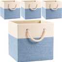 PRANDOM Large Foldable Cube Storage Bins 13x13 inch [4-Pack] Fabric Linen Storage Baskets Cubes Drawer with Cotton Handles Organizer for Shelves Nursery Closet Bedroom Beige/Blue