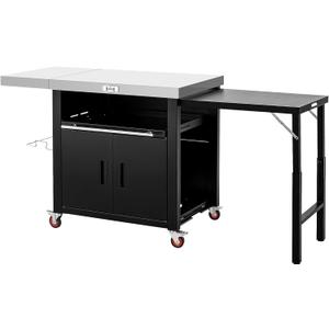 Outdoor Kitchen Island with Cabinet, Outdoor Grill Table with Stainless Steel Top for Pizza Oven& Griddles, Movable Bar Cart with Pull-Out Plate for Parties& Gathering, Heavy-Duty, L74x W24