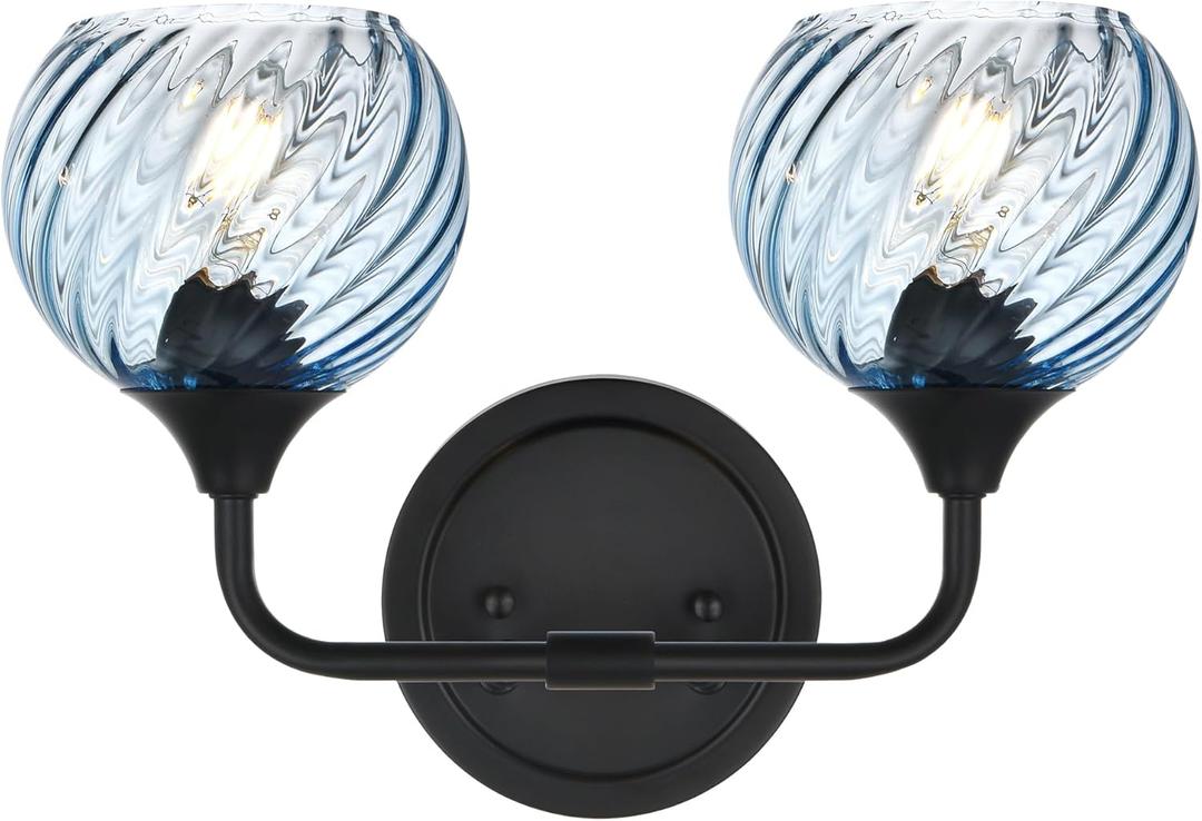 MELUCEE 15 Inch 2 Light Bathroom Wall Lights with Blue Striped Swirl Glass Shade, Black Bathroom Lights Over Mirror Vanity Lighting Fixtures Wall Lamp for Bathroom, Living Room, Hallway