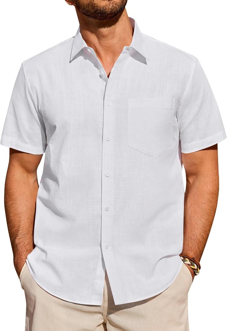 Alimens & Gentle Mens Linen Shirt Short Sleeve Casual Untucked Button Down Cotton Shirts Lightweight Beach Tops Summer (White, L)