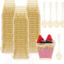 I00000 2oz Gold Glitter Square Mini Plastic Dessert Cups, 2 Ounce Small Plastic Cups with Mini Spoons, Include 100 Pieces Small Parfait Cup and 100 Pieces Gold Spoons for Pudding, Fruit and Ice Cream