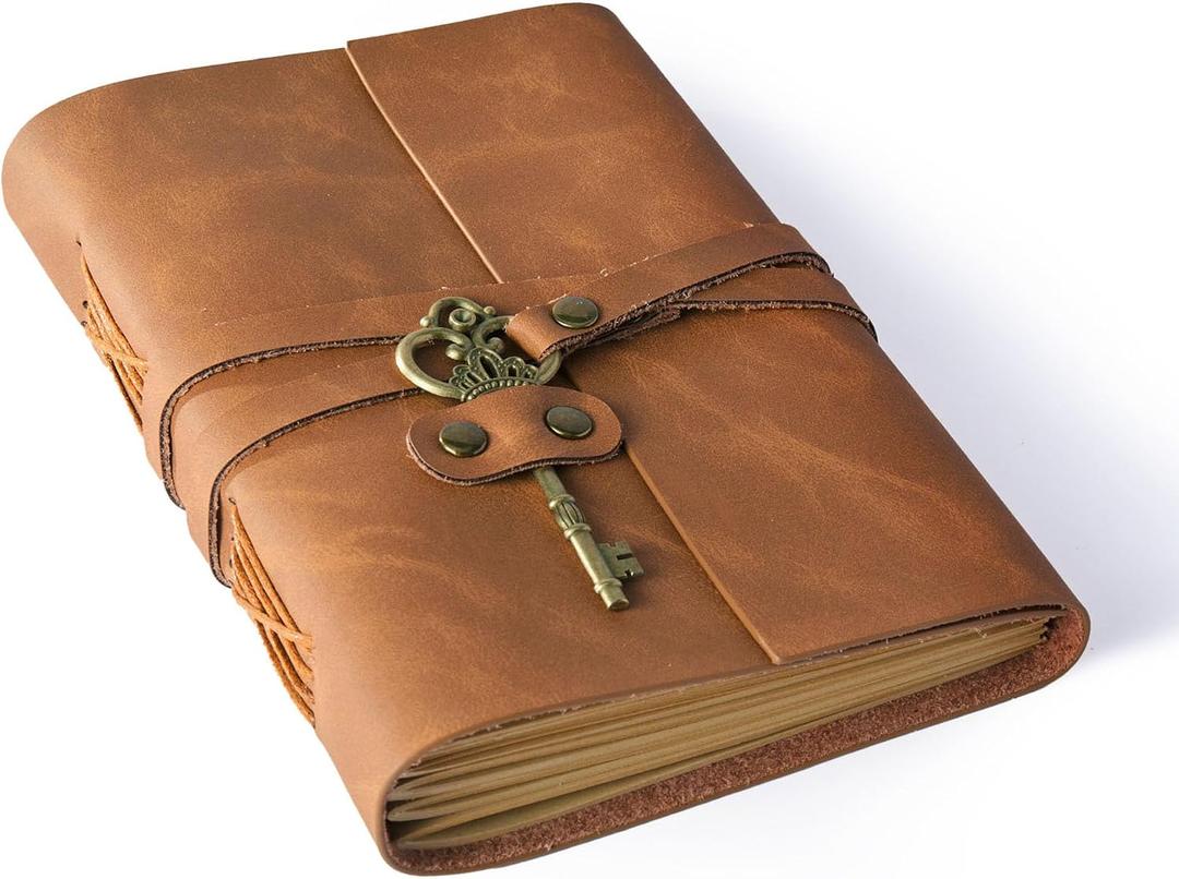 Leather Journal 5"x 7" Genuine Leather Notebook Journal with Key for Men/Women Giftable Box- 200 Line Pages Vintage Leather Bound Journal for Diary Travelling (Light Brown)