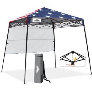 EAGLE PEAK 8x8 Pop Up Canopy Tent with Sidewall, Compact, Portable Slant Leg Instant Sun Shelter for Beach, Sports, & Camping, 8x8 Base 6x6 Top, American Flag