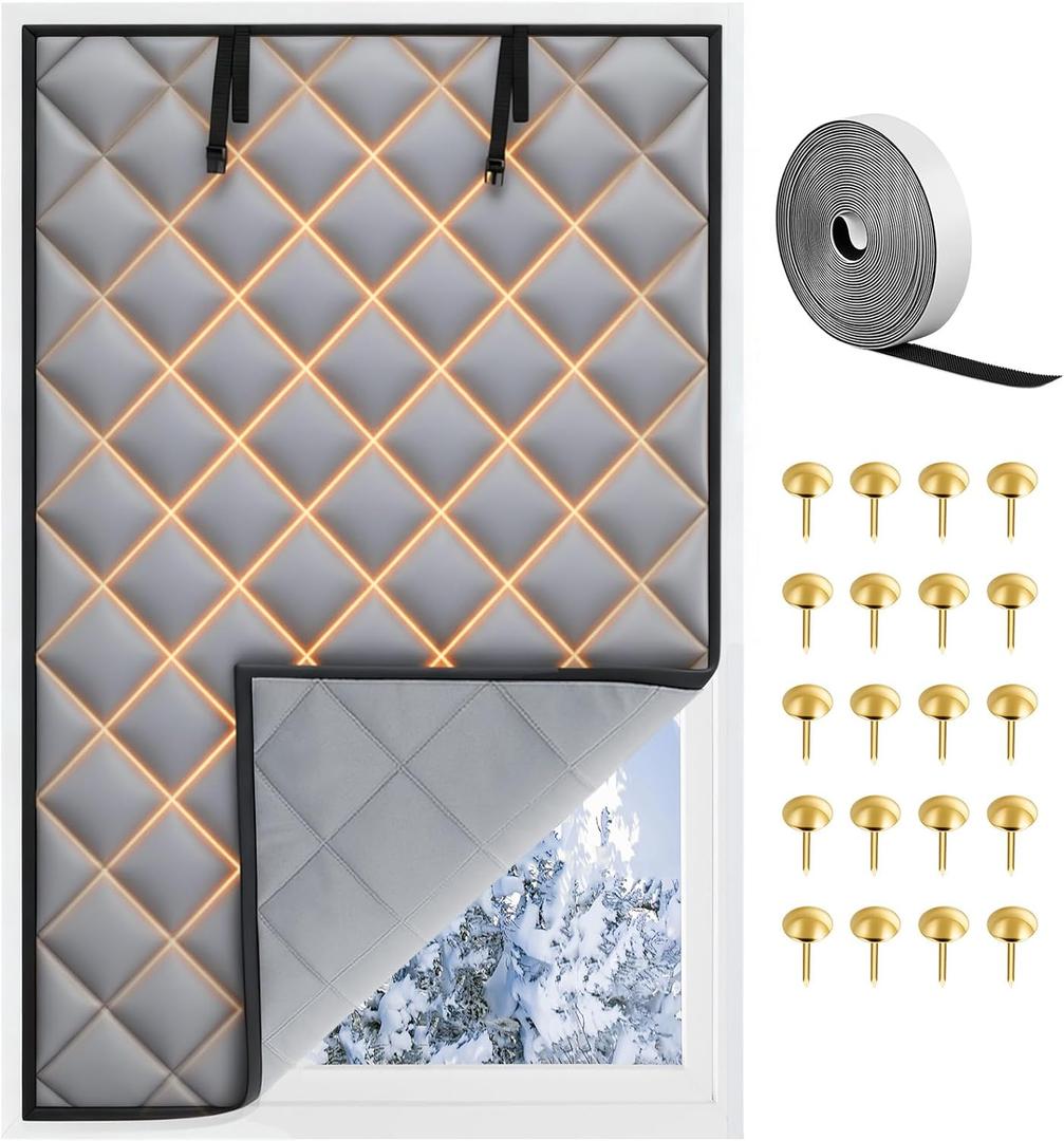 63 x 39 Inch Window Insulation for Winter, Thermal Window Cover 3 Layer with Oxford Cloth Thicken Cotton Filled, Roll-up Insulation Blanket Kit with Hook & Loop for Bedroom Attic to Keep Heat Warm