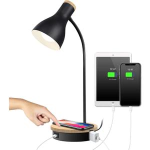 LALISU Metal Desk Lamp Wireless Charging Table Lamp Touch Reading Lights Arc Desk Lamps for Bedroom, 3 Way Dimmable Bedside Lamp with USB Charging Ports Lamp for Study Room and Office (Black)