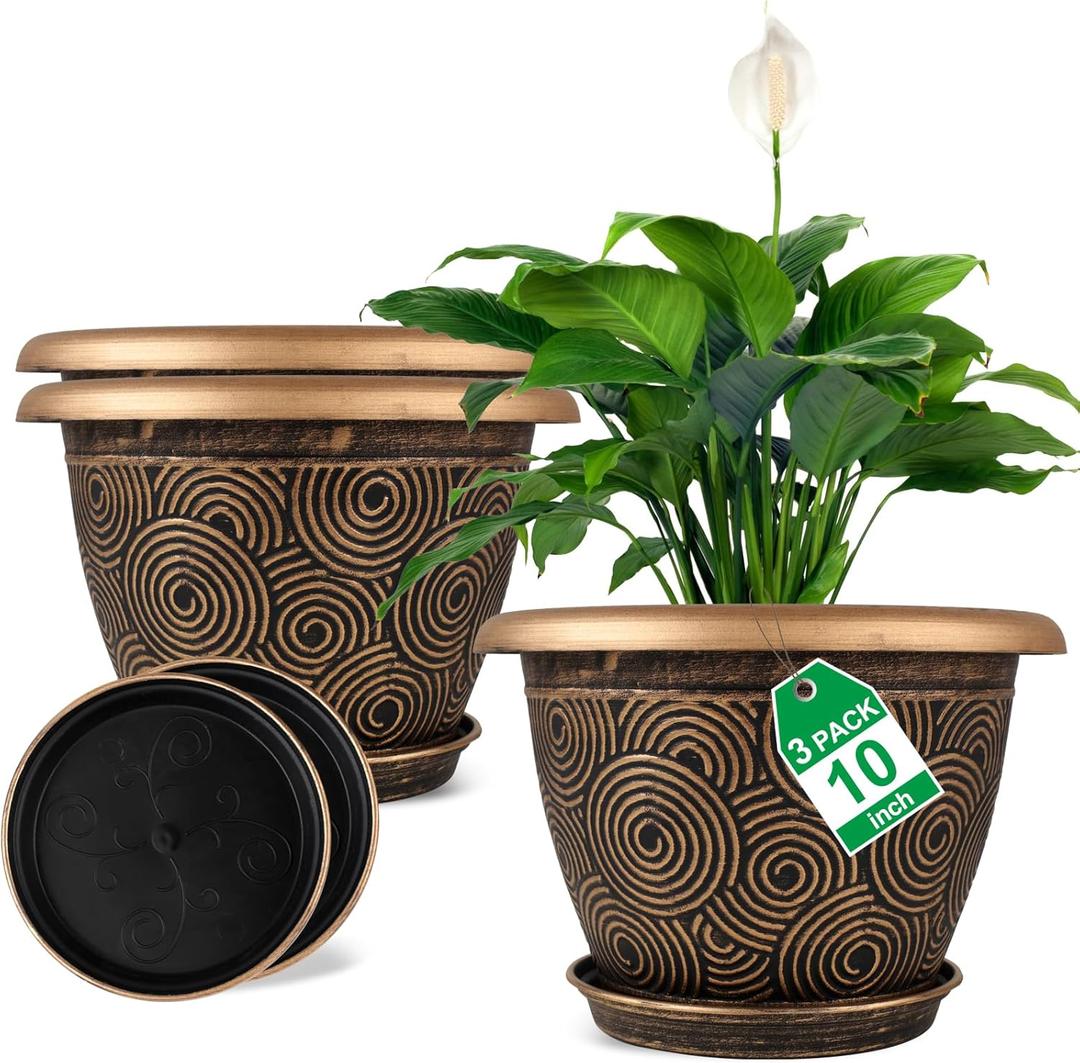 10 Inch Flower Pots Planters for Indoor Outdoor Plants, 3 Pack Plastic Large Plant Pots with Drainage Hole & Tray, Modern Decorative Garden Pot with Saucer, Plant Container for House (Gold)