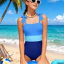 Girls Swimsuit One Piece Casual Color-Block Adjustable Straps Girls Bathing Suit Swimwear 9-16T (Blue, S)