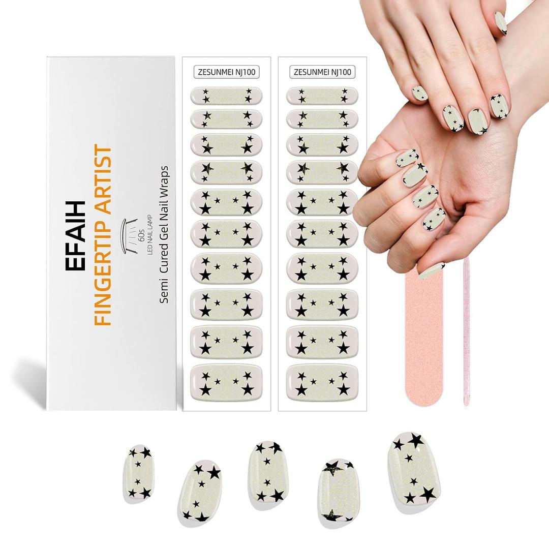Semi Cured Gel Nail Strips & Wraps - 20PCS, UV/LED Lamp Required, Long Lasting DIY Manicure Kit, Salon Quality, Trendy Nail Art Designs (Star)