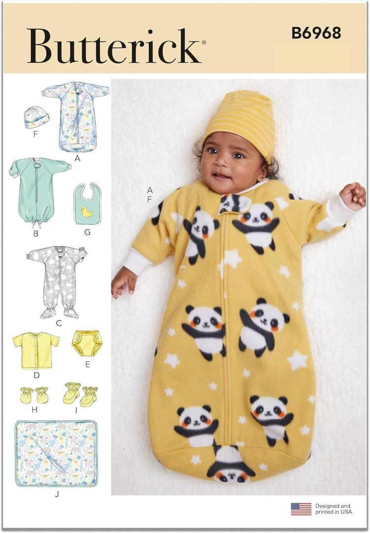 Butterick B6968A Infants' Bunting, Jumpsuit, Shirt, Diaper Cover, Hat, Bib, Mittens, Booties and Blanket Sewing Pattern Kit, Design Code B6968, Sizes XXS-XS-S-M-L