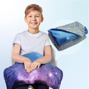 Solfres Small Weighted Lap Pad Blanket Throw for Kids Boys Teens 20in x 23in 5 Lbs - Sleep Therapy Plush Travel Size with Glass Beads, Galaxy Space Stars (20"x 30" 5lbs, Purple Blue/Gray (With Removable Cover))