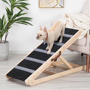 Wooden Adjustable Pet Ramp for All Dogs and Cats - Non Slip Carpet Surface and Foot Pads - 40" Long and Adjustable from 12 to 24 - Up to 200LBS - Folding Dog Car Ramps for SUV, Bed, Couch