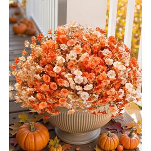 Artificial Mums for Outdoors Fake Fall Flowers Plants for Autumn Decoration, 12 Bundles Silk Morning Glory with Eucalyptus Look Real UV Resistant Faux Mums for Outside Planters Yard Patio Porch, Mix (2 Mixed(6 Light Orange, 6 Orange))