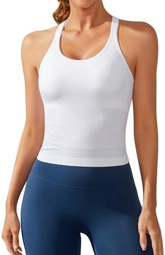 ATTRACO Women Ribbed Workout Crop Tops with Built in Bra Yoga Racerback Tank Top Tight Fit, White, Small