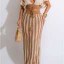 2 Piece Skirt Sets for Women Knit Crochet Color Block Crop Top Striped Maxi Skirts Hollow Out Vacation Outfits, XL