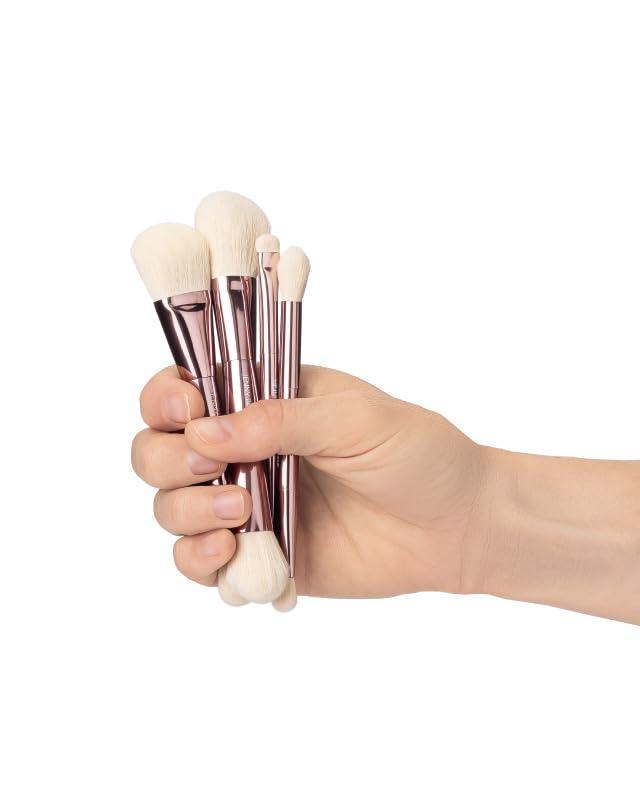 Luxury Sustainable Mini Dual-Ended Makeup Brush Set, 4 Piece Professional & Travel Makeup Brushes with Case, Vegan, Cruelty-Free Brush Kit for Face and Eyes, Eco Friendly, On-The-Go Use