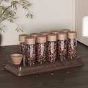 Single Dose Coffee Bean Storage Tubes Coffee Storage Container with One-Way Exhaust Valve,Coffee Bean Cellar 10 Pcs Dosing Glass Vials (2 Oz) Walnut Wood Stand Funnel And Lids