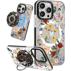 for iPhone 14 Pro Case for Women - Girls Kawaii Design Compatible with Magsafe Magnetic Ring Holder Stand Retro Flower Phone Covers Aesthetic Girly TPU Funda for 14 Pro