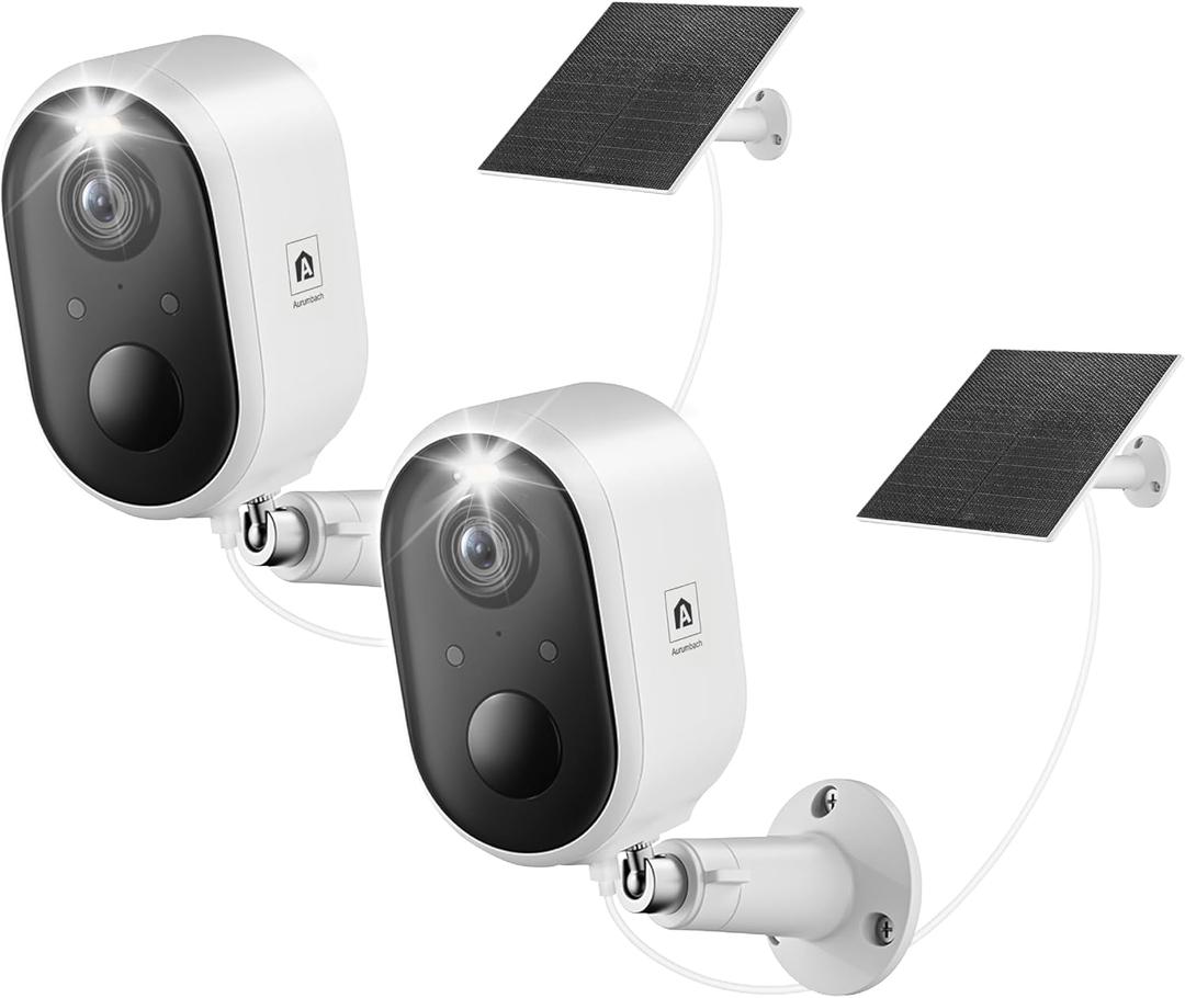 Aurumbach Solar Security Camera Outdoor Wireless 2 Pack, 2K Color Night Vision, Battery Powered PIR Motion Detection,2.4GHz WiFi Cameras for Home Surveillance, Light and Sound Alarm, 2-Way Audio