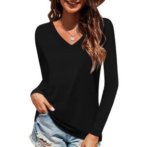 Elesomo Long Sleeve Shirts for Women Cotton Tshirts V Neck Spring Tops Basic Tee (Medium, A1:black)