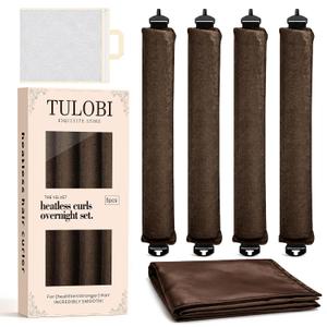 TULOBI Heatless Curls Overnight, 4PCS Jumbo Velvet Heatless Curling Rods with Satin Scarf & Mesh Bag, Hair Curlers to Sleep in, No Heat Blowout Rollers for Long Thick Fine Hair, Brown